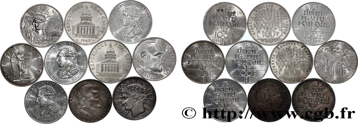 Lot de 10 pièces de 100 francs commémoratives - - F.-/ TTB 