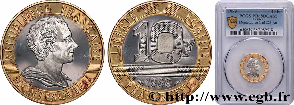 Belle Épreuve Or 10 francs Montesquieu 1989  F5.1305 3 FDC68 PCGS