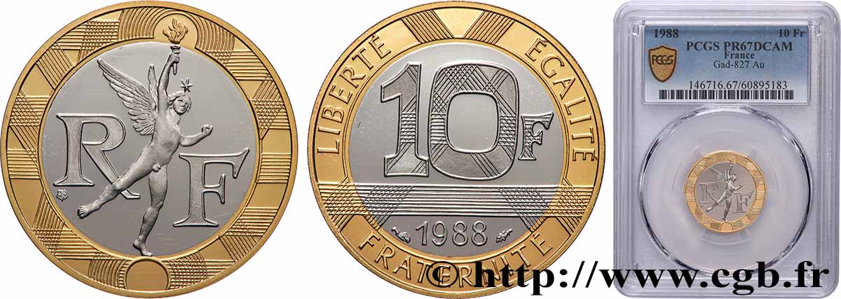 Belle Épreuve Or 10 francs Génie de la Bastille 1988 Pessac F5.1304 1 MS67 PCGS