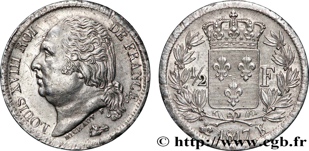 1/2 franc Louis XVIII 1817 Bordeaux F.179/12 TTB+ 