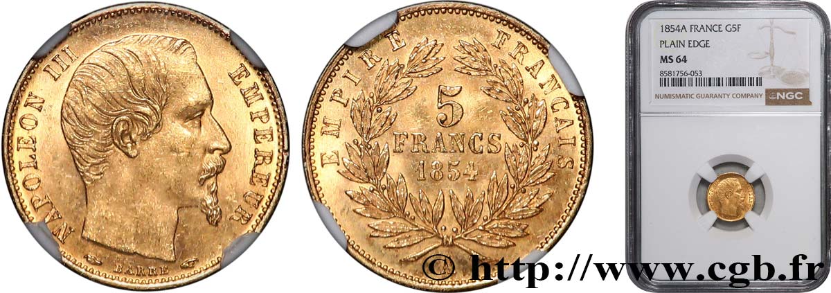 5 francs or Napoléon III, tête nue, petit module, tranche lisse 1854 Paris F.500/1 SPL64 NGC