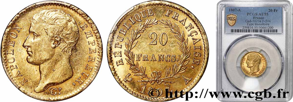 20 francs or Napoléon tête nue, type transitoire 1807 Paris F.514/1 SUP55 PCGS