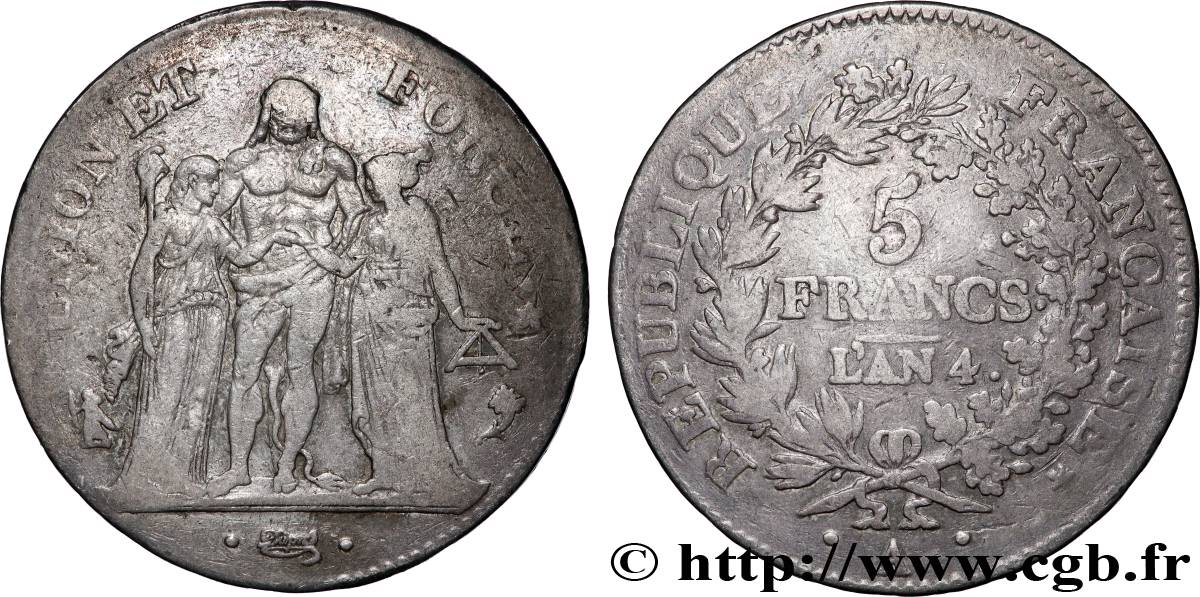 5 francs Union et Force, Union serré, avec glands intérieurs et gland extérieur 1796 Paris F.288/2 TB 