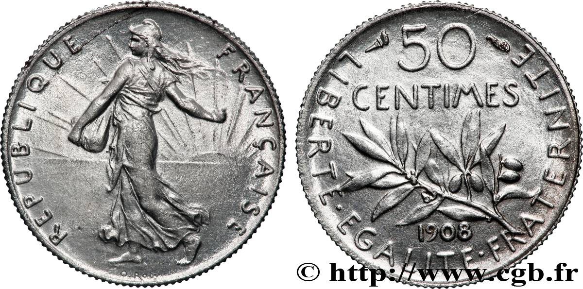 50 centimes Semeuse 1908 Paris F.190/15 SPL64 