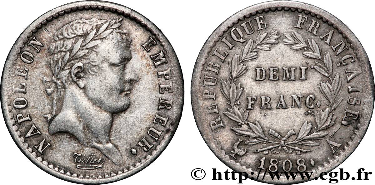 Demi-franc Napoléon Ier tête laurée, République française 1808 Paris F.177/2 TTB 