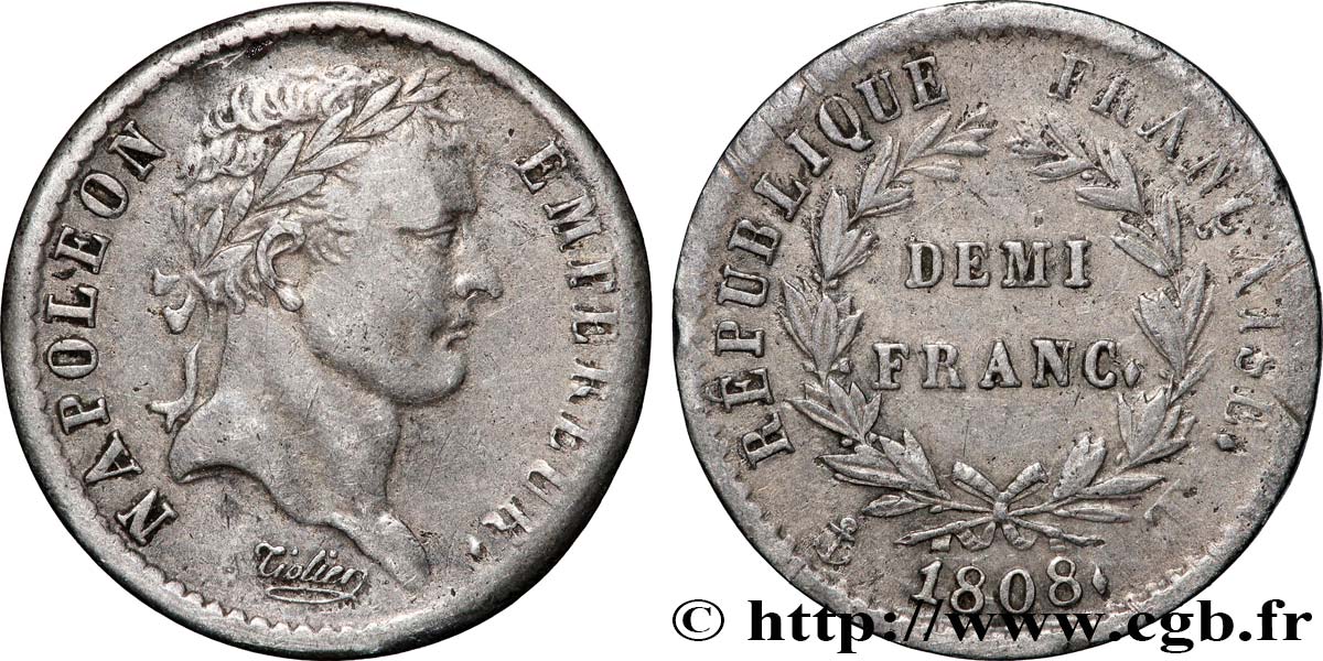 Demi-franc Napoléon Ier tête laurée, République française 1808 Nantes F.177/14 TTB 