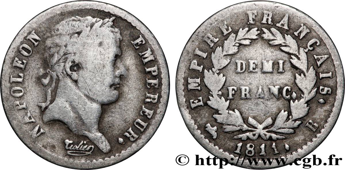Demi-franc Napoléon Ier tête laurée, Empire français 1811 Rouen F.178/22 VF 