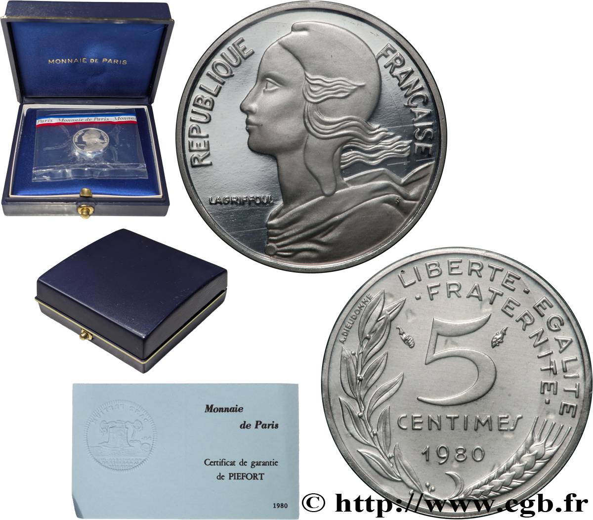 Piéfort argent de 5 centimes Marianne 1980 Paris GEM.22 P2 FDC 