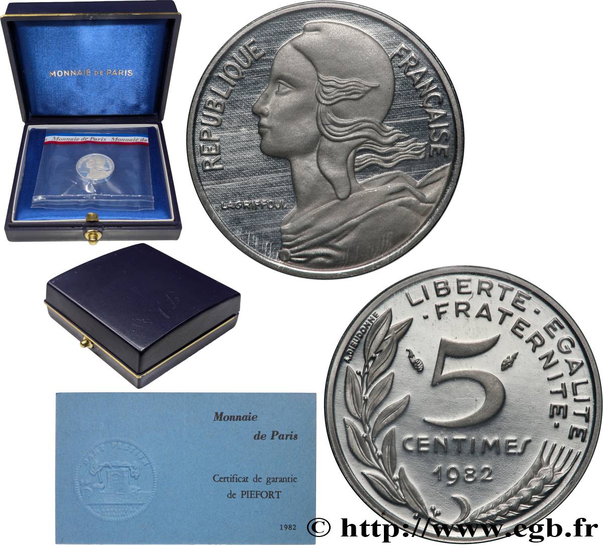 Piéfort argent de 5 centimes Marianne 1982 Pessac GEM.22 P2 FDC 