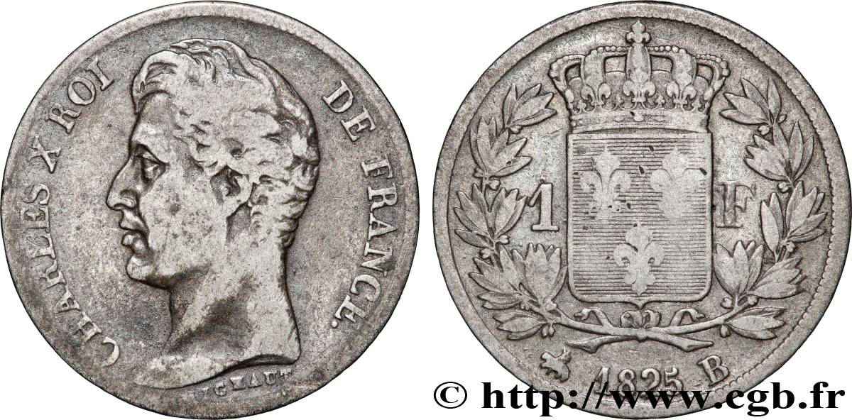 1 franc Charles X, matrice du revers à cinq feuilles 1825 Rouen F.207/2 TB15 