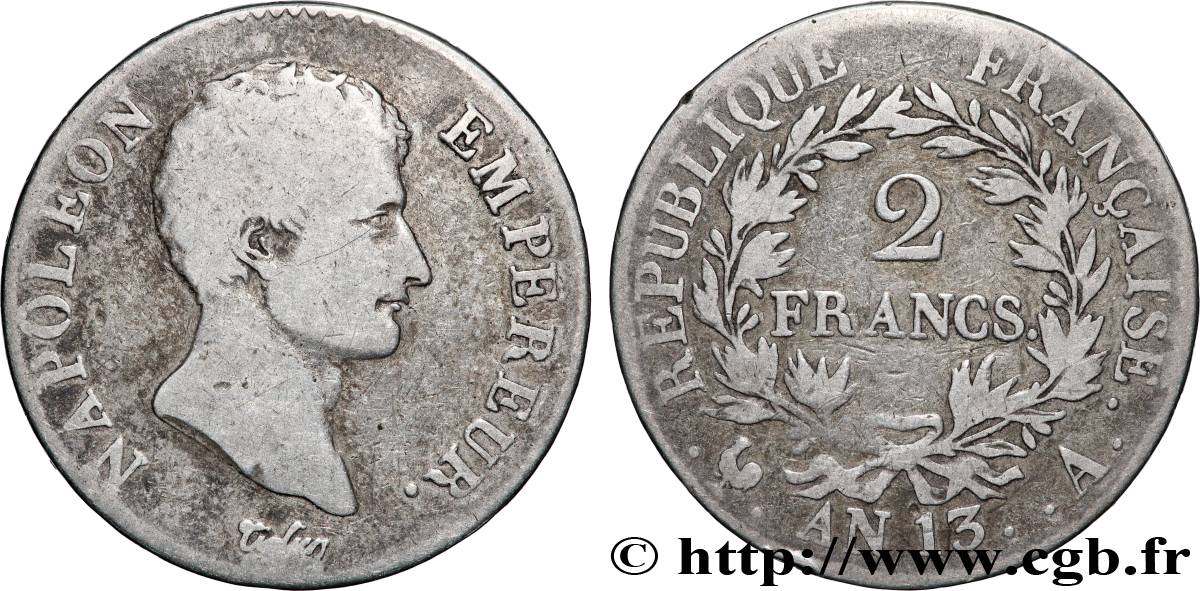 2 francs Napoléon Empereur, Calendrier révolutionnaire 1805 Paris F.251/12 B+ 