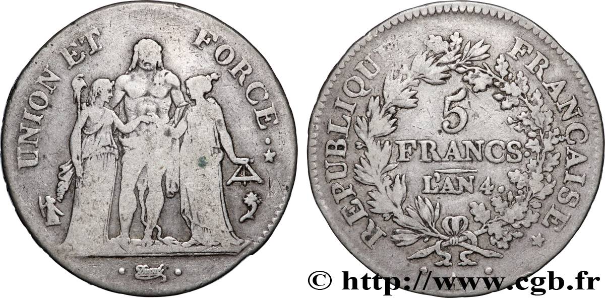 5 francs Union et Force, Union serré, avec glands intérieurs et gland extérieur 1796 Paris F.288/2 TB 