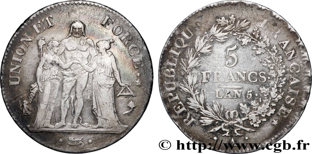5 francs Union et Force, Union serré, avec glands intérieurs et gland extérieur 1797 Paris F.288/11 TB+ 
