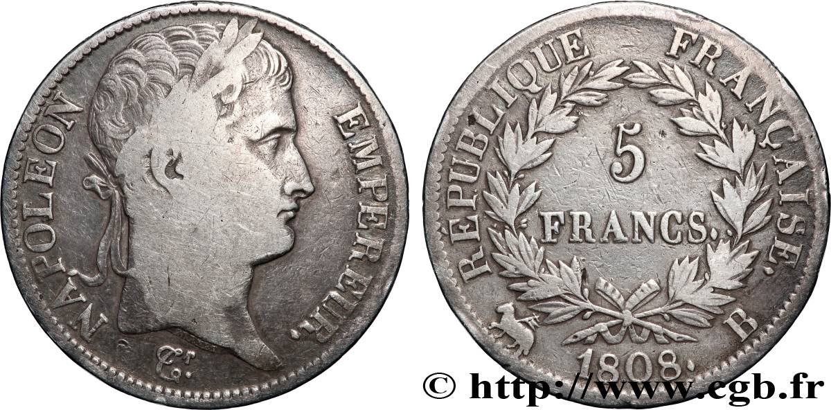 5 francs Napoléon empereur, République française 1808 Rouen F.306/3 F 