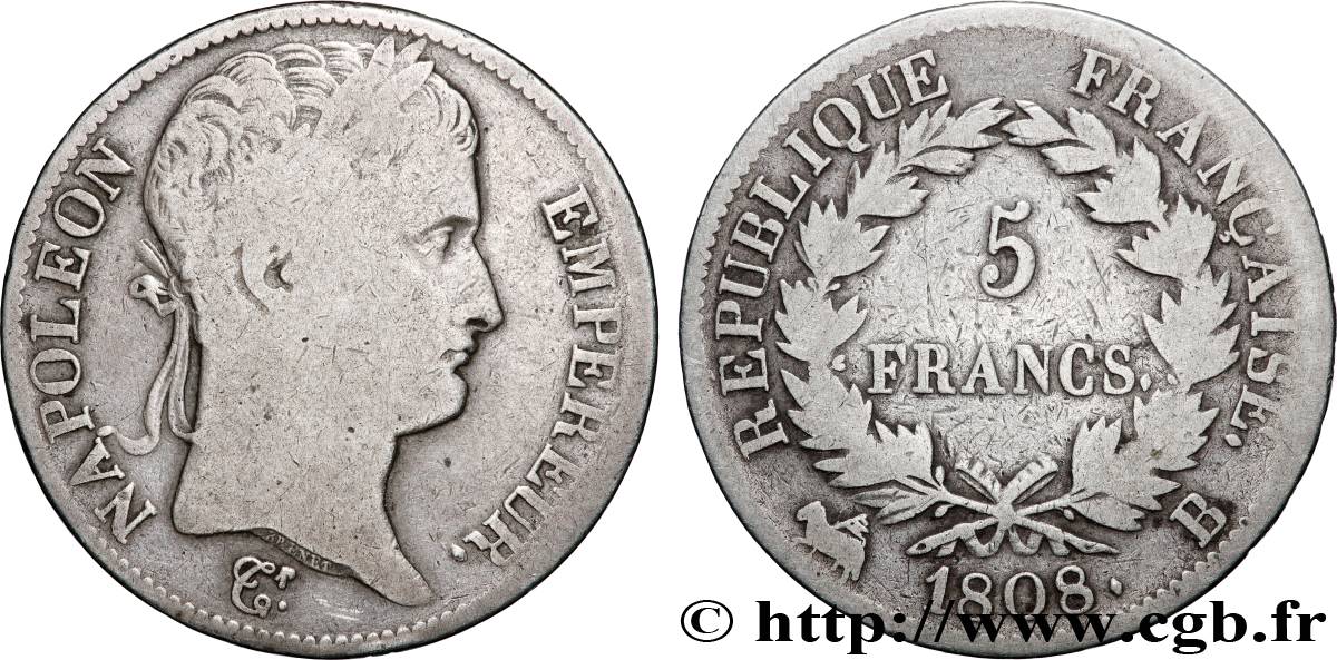 5 francs Napoléon empereur, République française 1808 Rouen F.306/3 F 