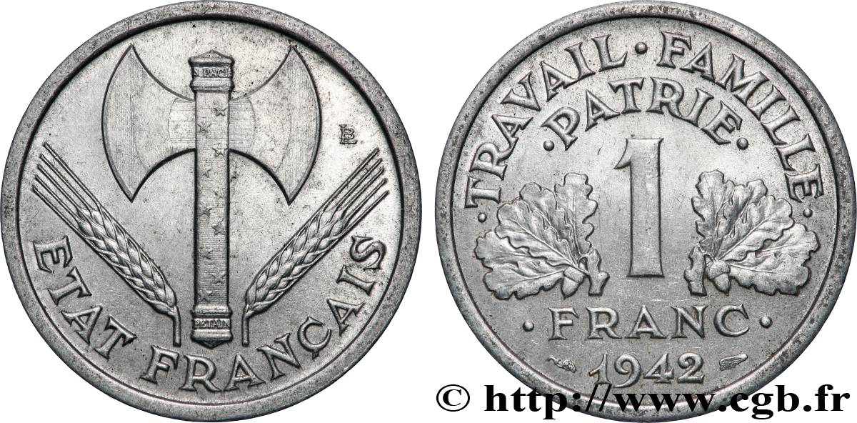 1 franc Francisque, lourde 1942  F.222/3 SUP+ 