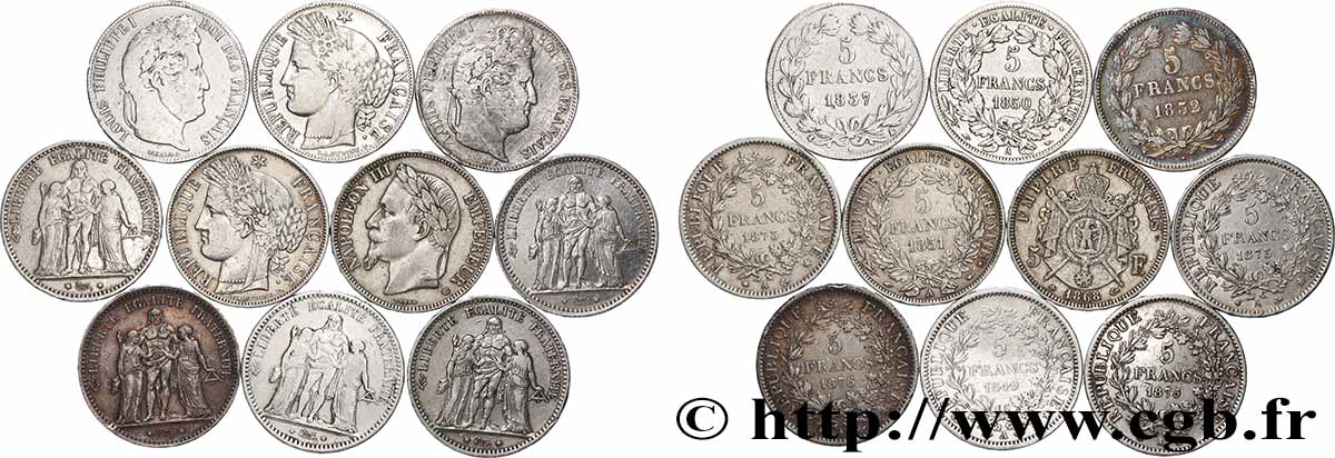 Lot de dix écus de 5 francs n.d.  F.-/ TB 