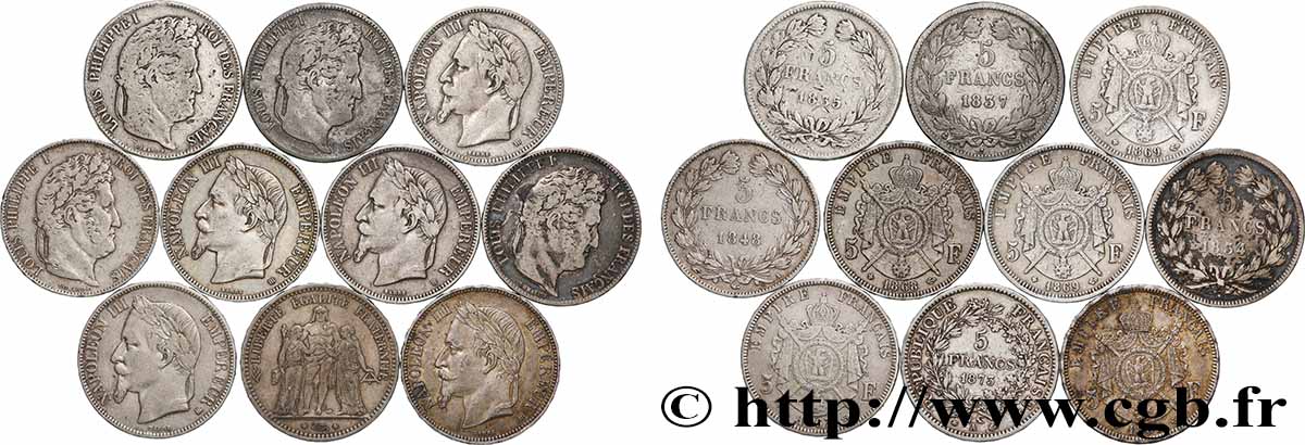 Lot de dix écus de 5 francs n.d.  F.-/ S 