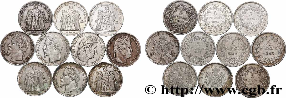 Lot de dix écus de 5 francs n.d.  F.-/ TB 