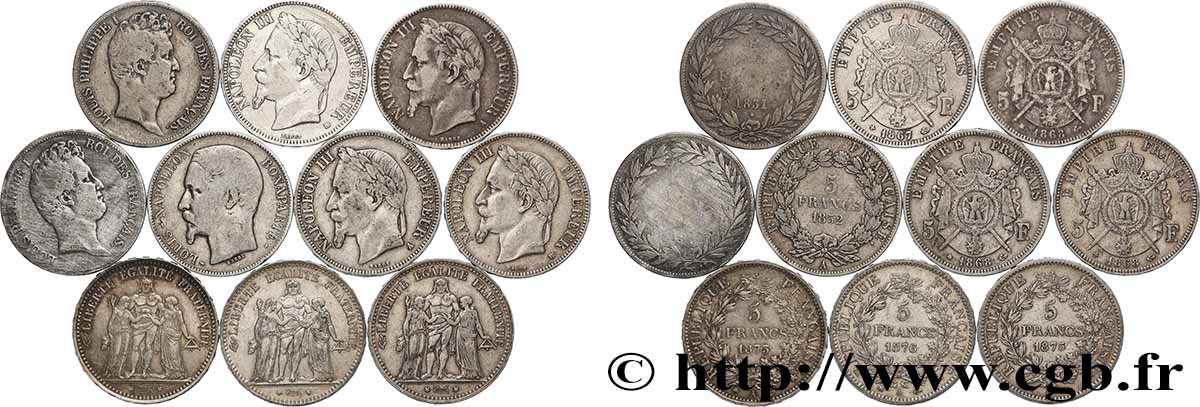 Lot de dix écus de 5 francs n.d.  F.-/ TB 