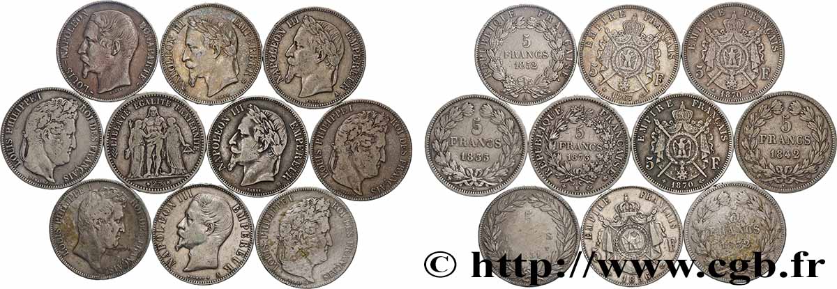 Lot de dix écus de 5 francs n.d.  F.-/ TB 