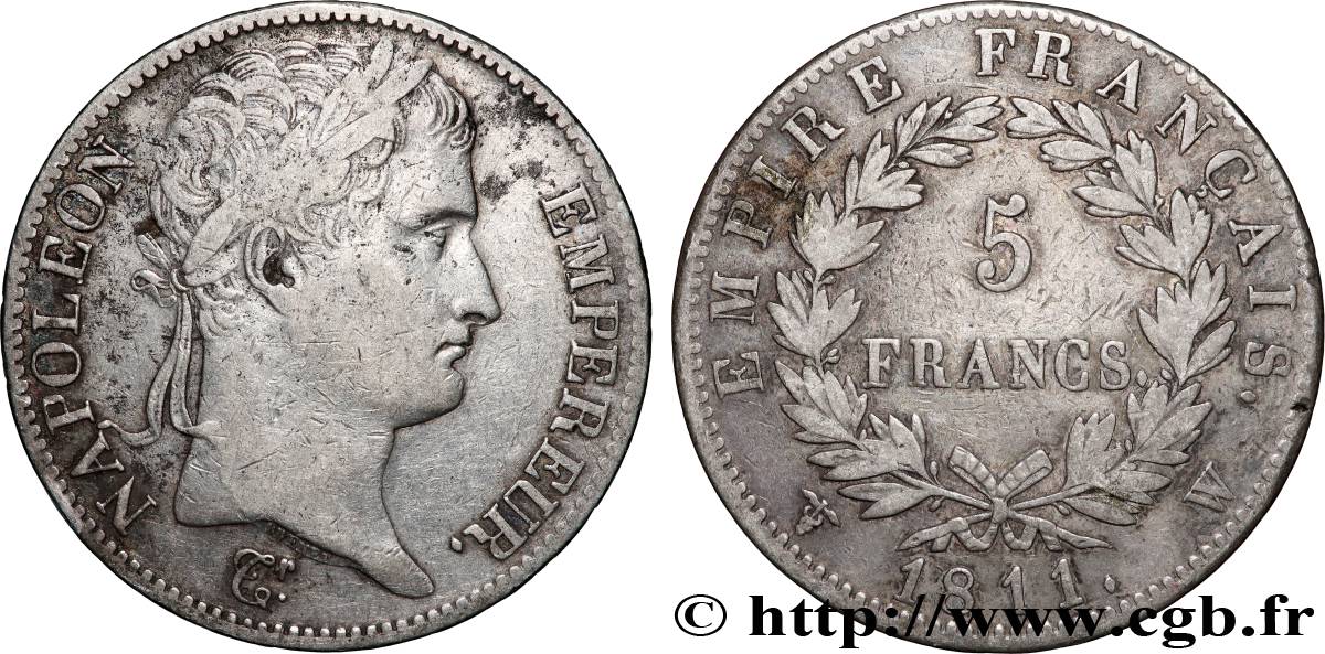 5 francs Napoléon Empereur, Empire français 1811 Lille F.307/40 S 
