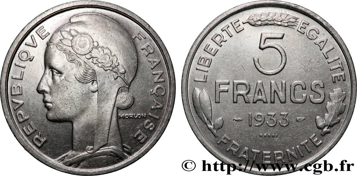 Concours de 5 francs, essai de Morlon en nickel 1933 Paris GEM.138 1 TTB+ 