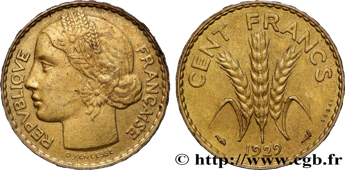 Concours de 100 francs or, essai de Yencesse en bronze-aluminium 1929 Paris GEM.285 4 SUP 