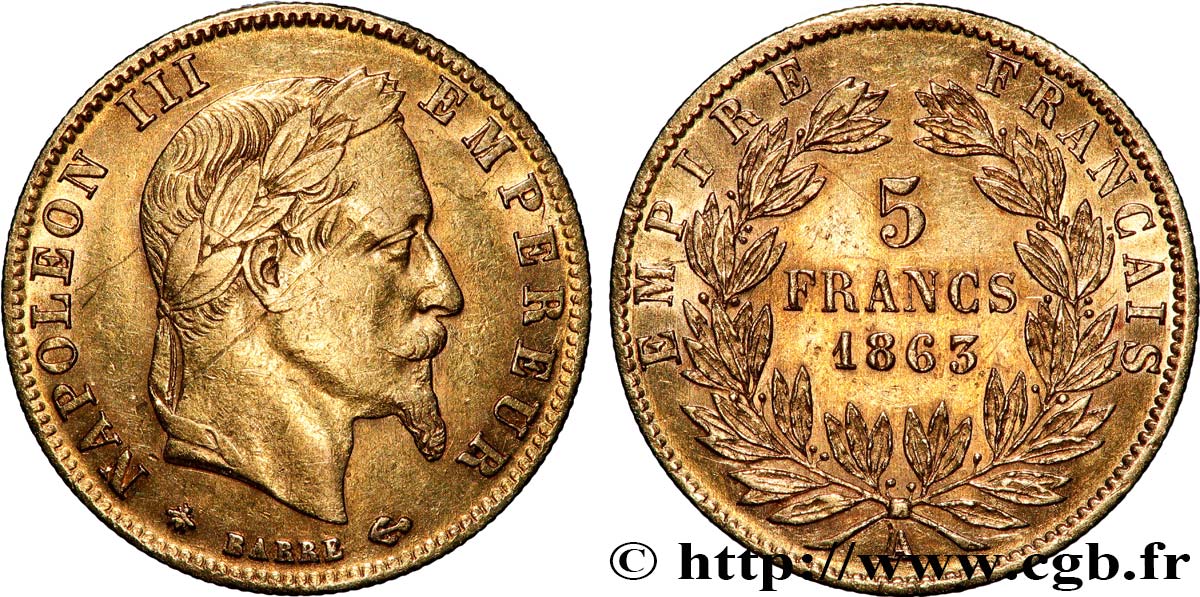 5 francs or Napoléon III, tête laurée 1863 Paris F.502/3 TTB 