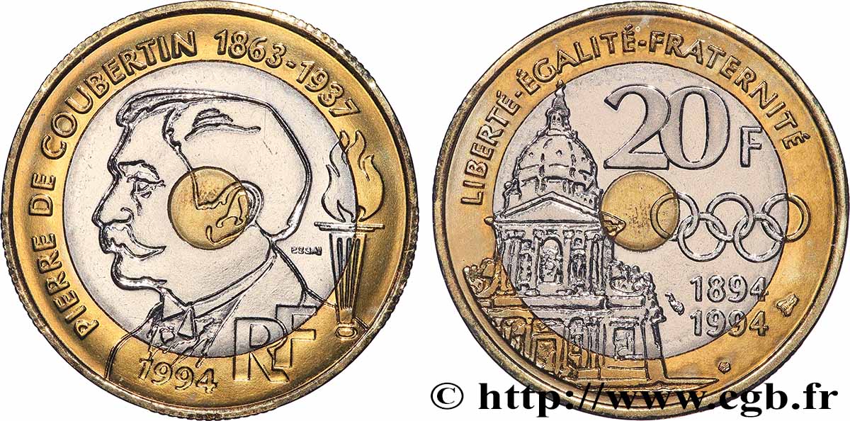 Essai de 20 francs Pierre de Coubertin 1994 Pessac F.405/1 fST 