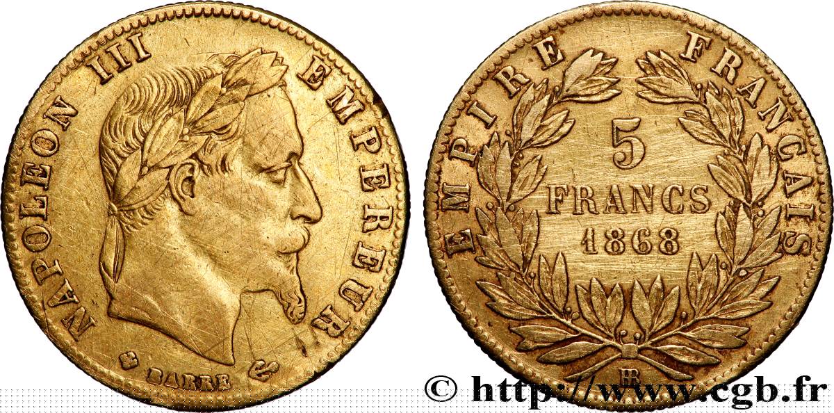5 francs or Napoléon III, tête laurée 1868 Strasbourg F.502/14 VF 