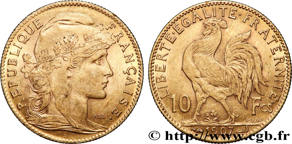 10 francs or Coq 1907 Paris F.509/8 AU 
