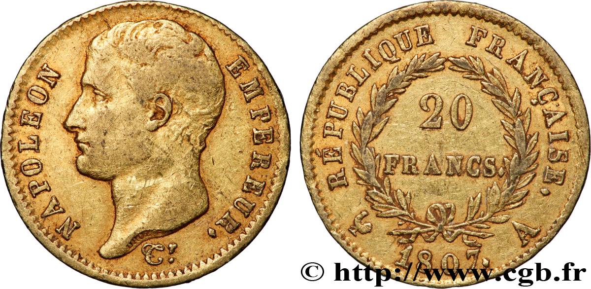 20 francs or Napoléon tête nue, type transitoire 1807 Paris F.514/1 fSS 