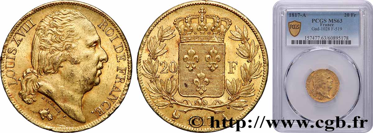 20 francs or Louis XVIII, tête nue 1817 Paris F.519/5 SC63 PCGS