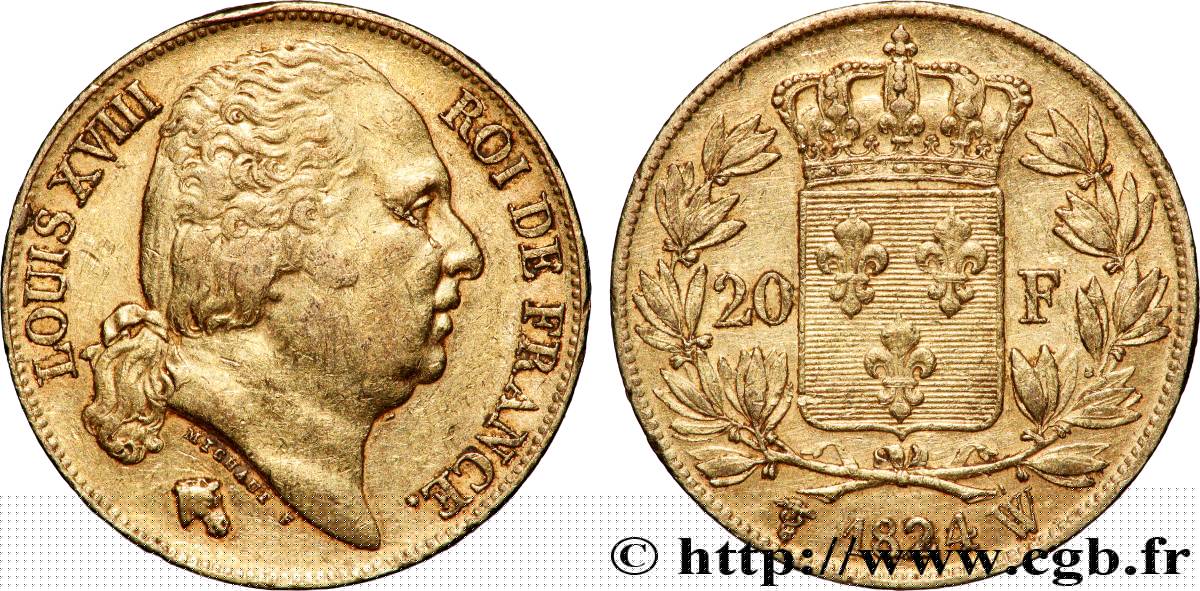 20 francs or Louis XVIII, tête nue 1824 Lille F.519/34 XF 