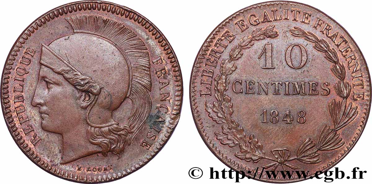 Concours de 10 centimes, essai en cuivre par Rogat, deuxième concours, quatrième revers 1848 Paris VG.3170 var. AU 
