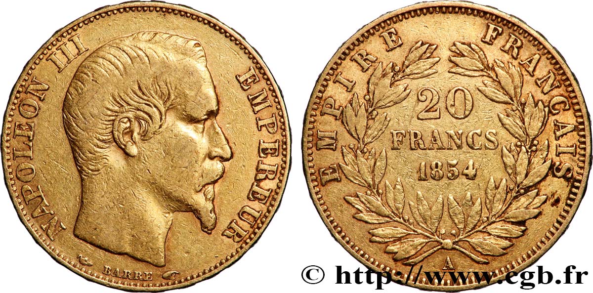 20 francs or Napoléon III, tête nue 1854 Paris F.531/2 VF 
