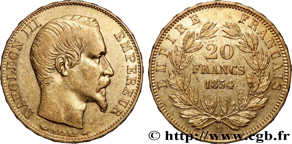 20 francs or Napoléon III, tête nue 1854 Paris F.531/2 XF 