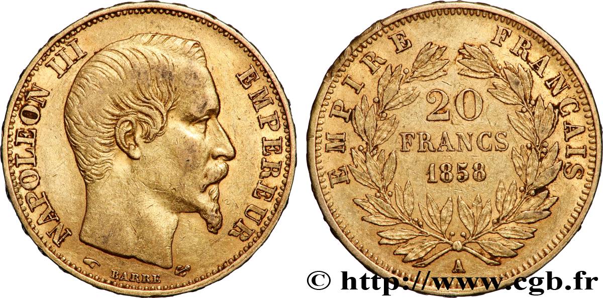 20 francs or Napoléon III, tête nue 1858 Paris F.531/13 XF 