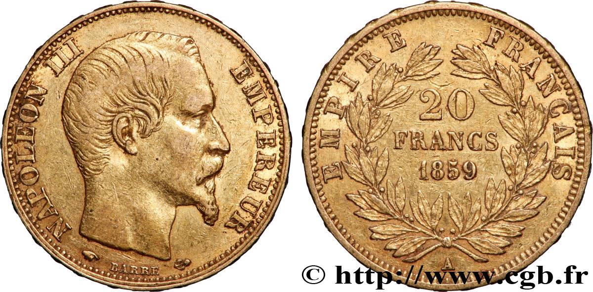 20 francs or Napoléon III, tête nue 1859 Paris F.531/15 XF 