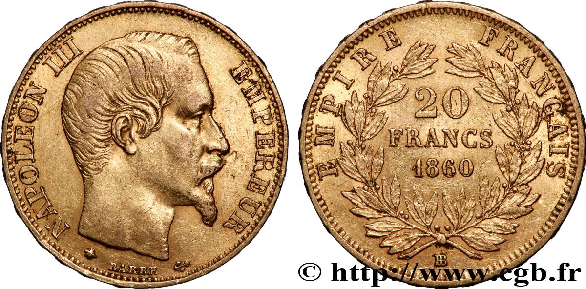 20 francs or Napoléon III, tête nue 1860 Strasbourg F.531/20 TTB 