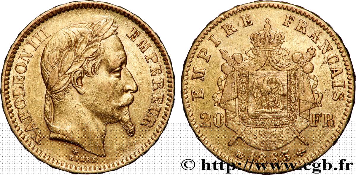 20 francs or Napoléon III, tête laurée 1863 Strasbourg F.532/7 XF 