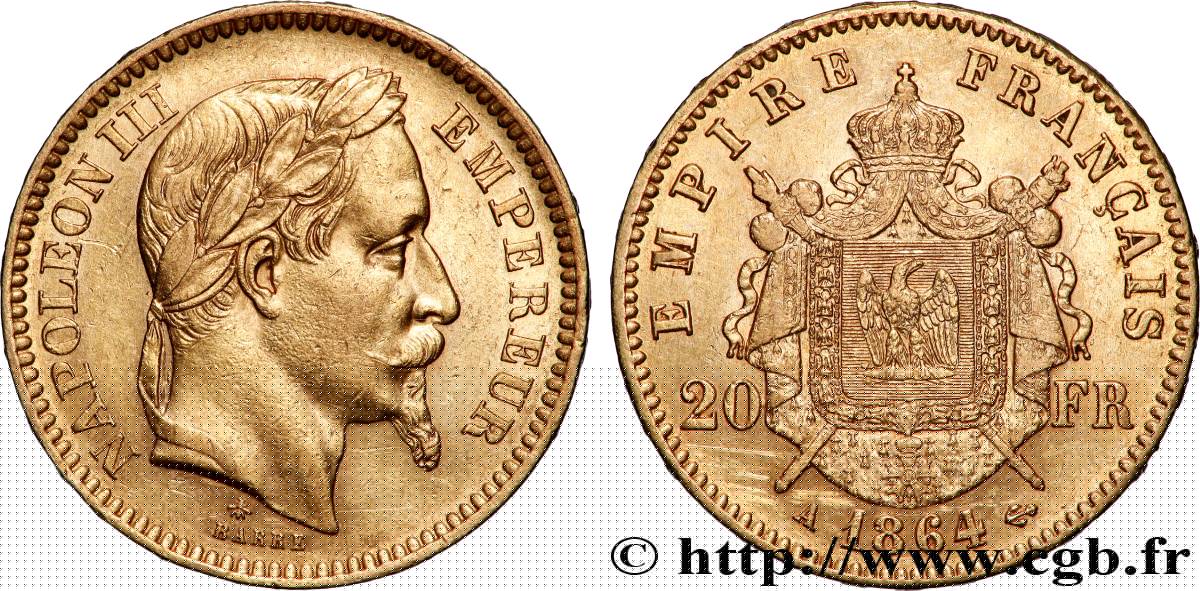 20 francs or Napoléon III, tête laurée 1864 Paris F.532/8 AU 