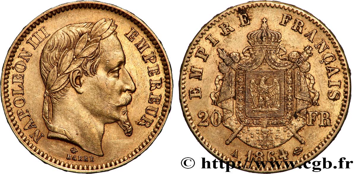 20 francs or Napoléon III, tête laurée 1864 Paris F.532/8 fVZ 