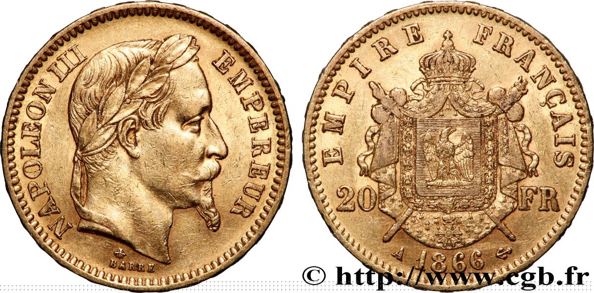 20 francs or Napoléon III, tête laurée 1866 Paris F.532/13 XF 