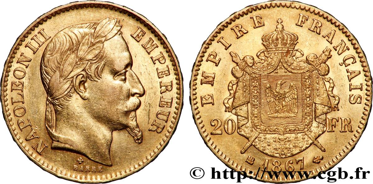 20 francs or Napoléon III, tête laurée, petit BB 1867 Strasbourg F.532/16 AU 