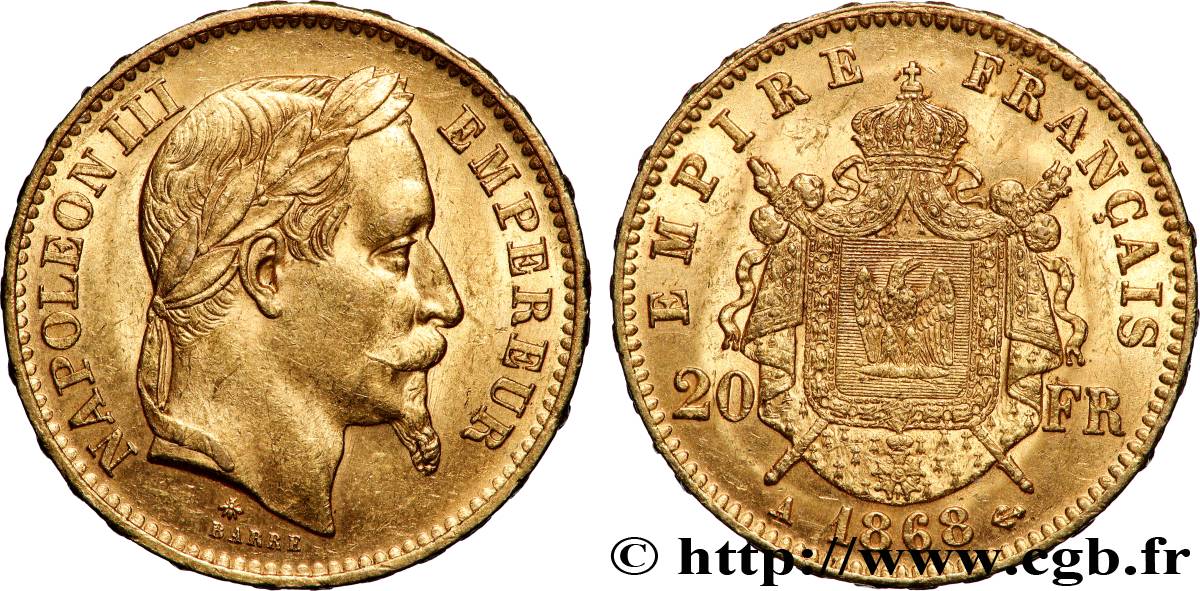 20 francs or Napoléon III, tête laurée 1868 Paris F.532/18 AU 