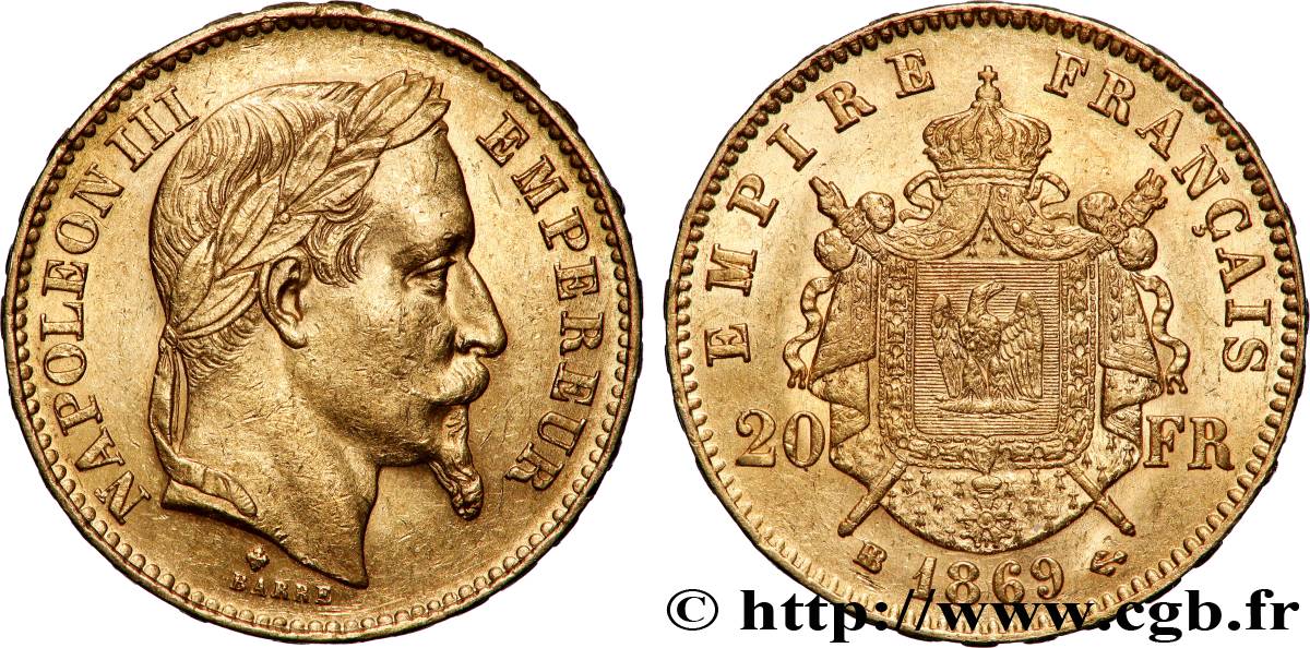 20 francs or Napoléon III, tête laurée, petit BB 1869 Strasbourg F.532/21 AU 