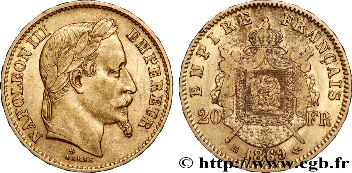 20 francs or Napoléon III, tête laurée, petit BB 1869 Strasbourg F.532/21 XF 