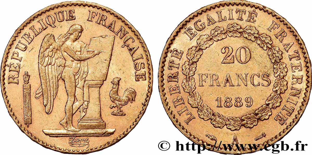 20 francs or Génie, Troisième République 1889 Paris F.533/12 AU 